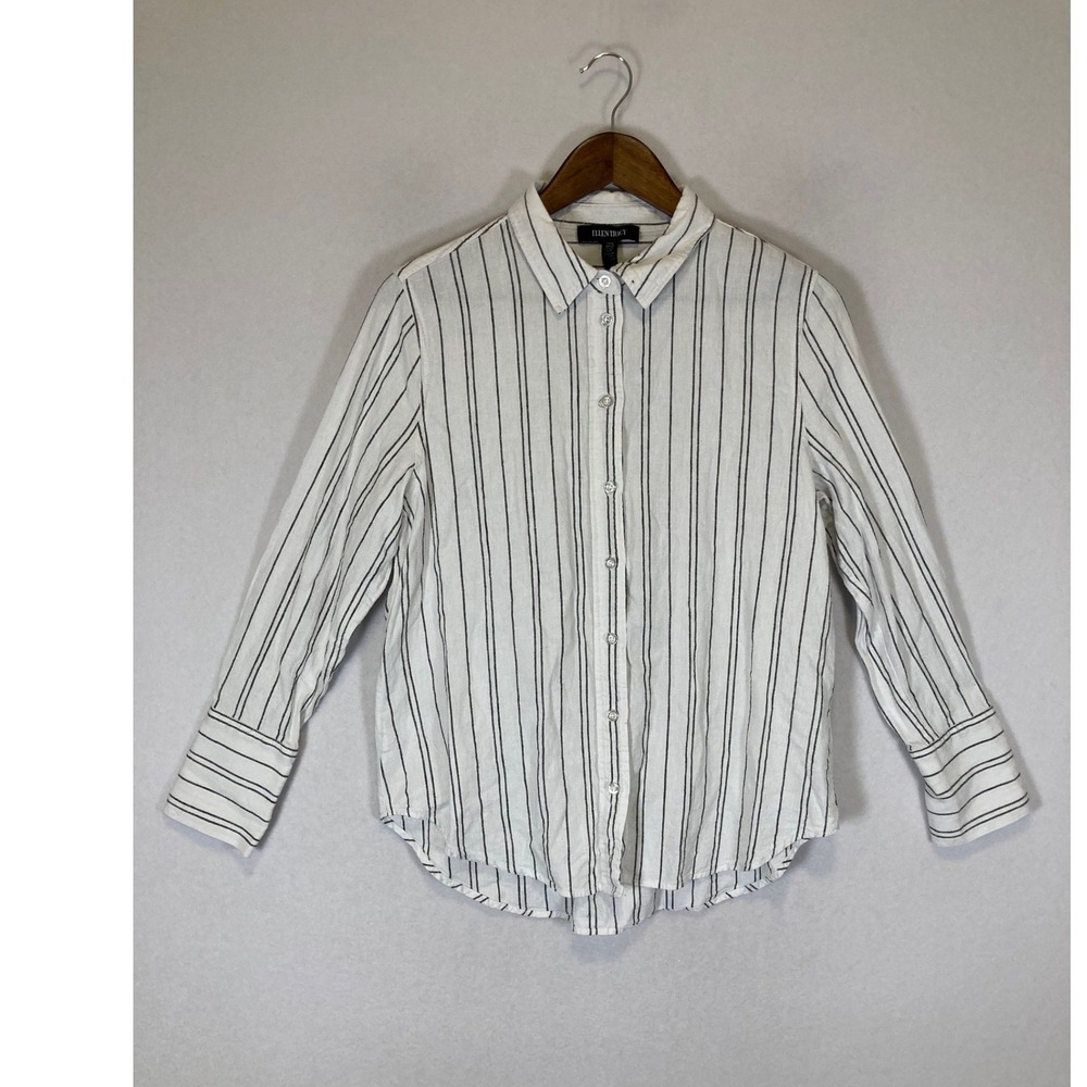 Coastal Linen‎ Ellen Tracy Womens Small White Black Striped Button Down Shirt